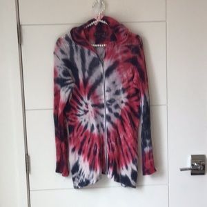 Tie dye, fuchsia blue and white cardigan with zipper, M, POCKETS